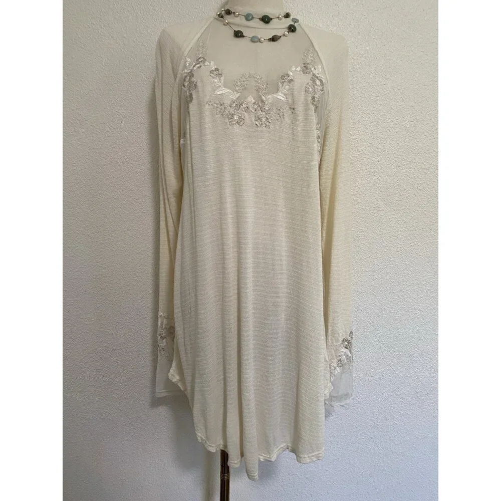 Free People Women's Size Large Ivory Saheli Mesh Embroidered Mock Neck Tunic Top